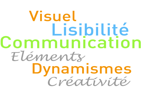 Image présentant les mots clés de la prestation (Visuel, Lisibilité, Communication, Eléments, Dynamismes, Créativité).